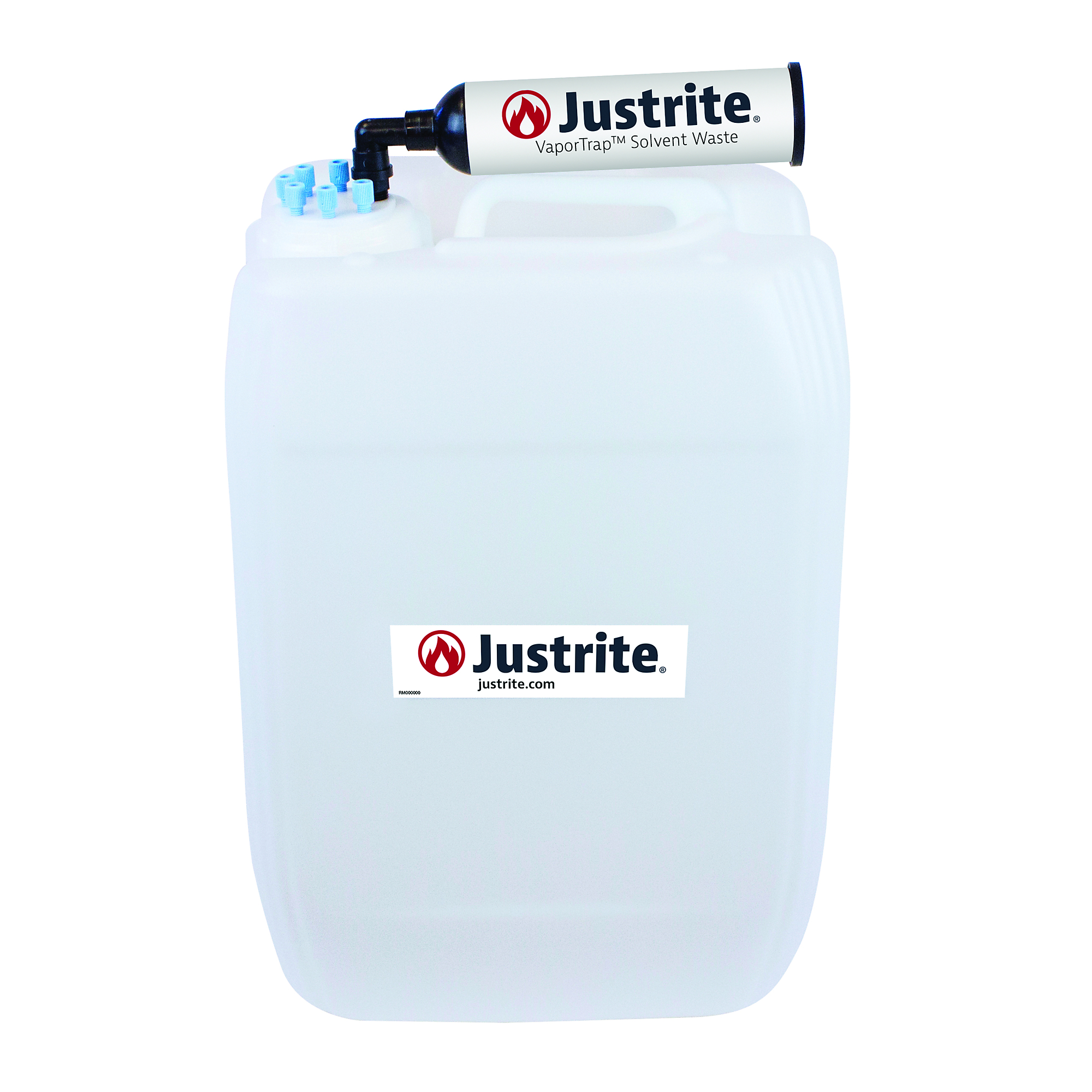 Justrite HDPE Carboy with Filter Kit — 20 Liters, UN/DOT Certified, VaporTrap, 70mm Cap, 6 Ports, Model# 12839